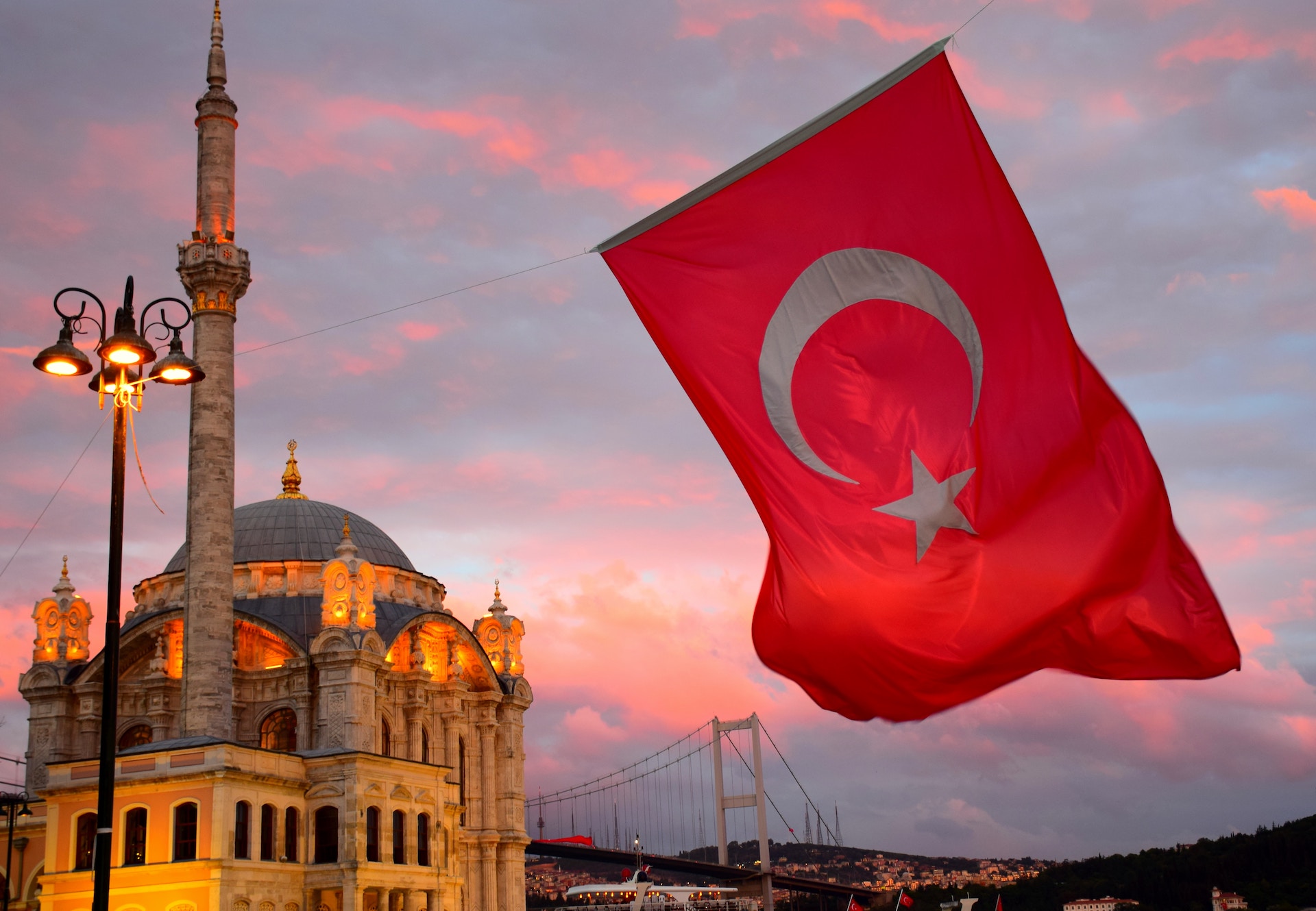 flag of Turkey with building and view of the city in the background